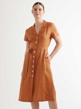 Quince Terracotta Linen Short-Sleeve Button-Front Midi Dress